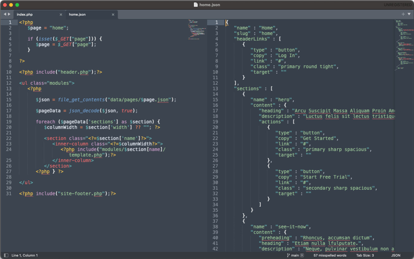 A side-by-side comparison showing the PHP template that loops through each section of my page, next to the JSON data file that actually contains the page content