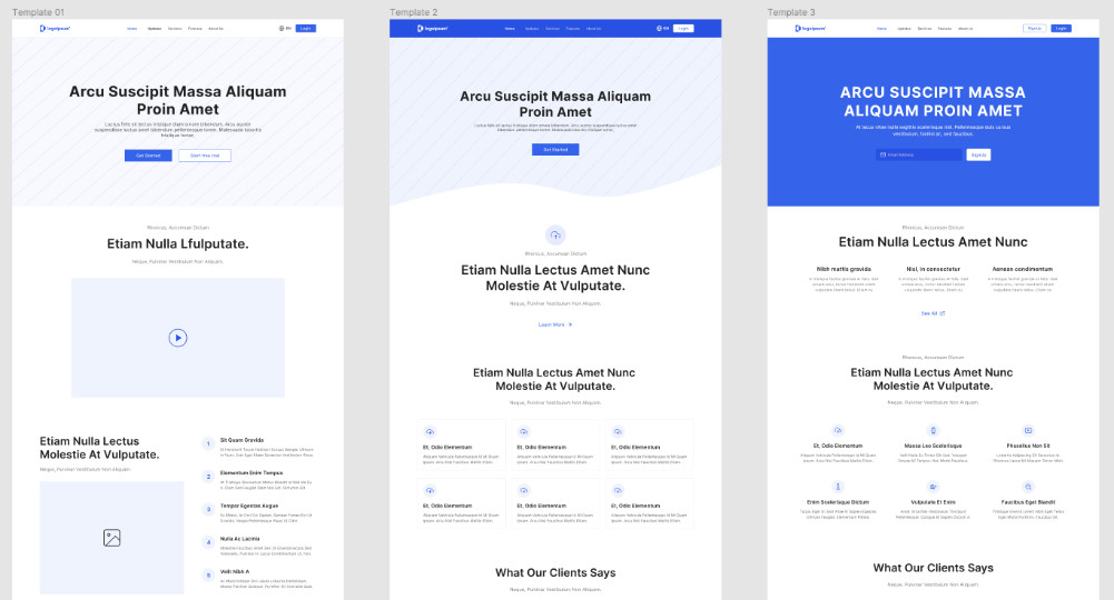 A screenshot of 3 slightly different Figma designs of a website landing page -- including header, hero banner, and some list components