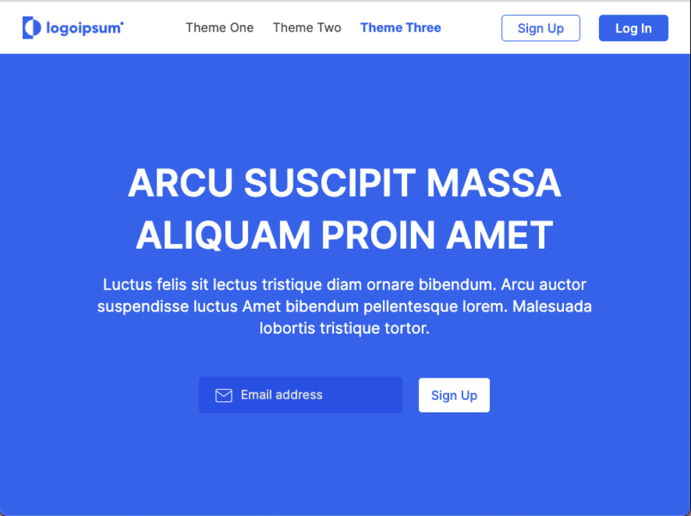 The 3rd variant's site header and hero banner, with a bold blue background and hero text in all caps.